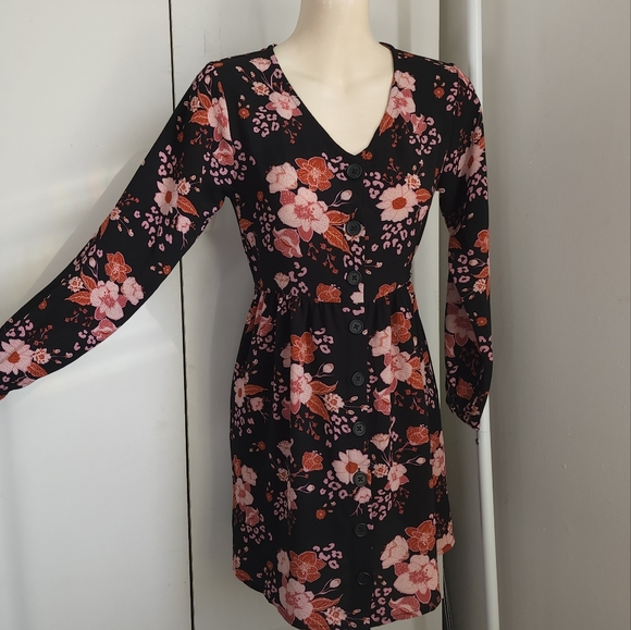 Aus 10 K-D Floral Red Black Long Sleeve V Neck Dress - Picture 15 of 16